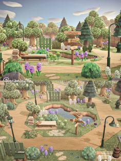 an animated garden with lots of trees and flowers