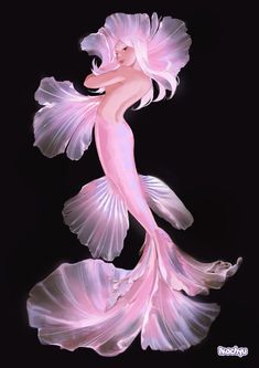 a drawing of a woman in pink dress with long hair and flowing petals on her body