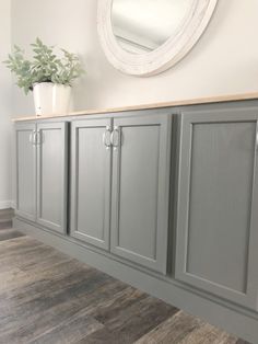 a bathroom with gray cabinets and a mirror on the wall above it is a potted plant