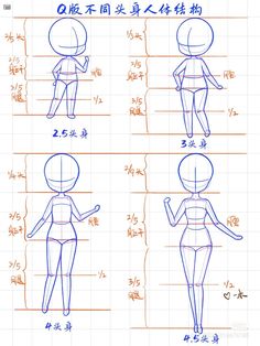 how to draw an anime character with different poses and body shapes, including the head