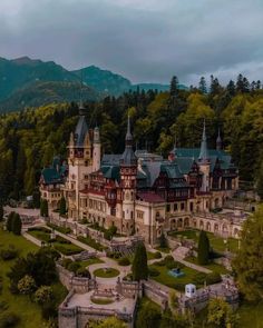 an aerial view of a large castle in the middle of a green forest with mountains in the background