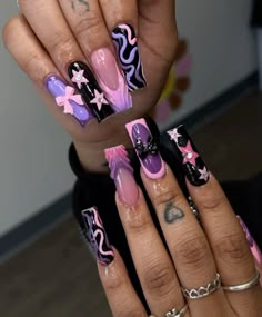 Short Trippy Nail Designs, Purple Short Nails Ideas, Nail Designs Pink And Purple, Kuromi Acrylic Nails, Purple And Black Nail Ideas, Crazy Nail Art Unique, Cybergoth Nails, Cute Colorful Nails, Pink Purple Nails