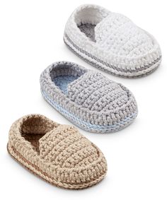 three pairs of crocheted slippers are shown in different colors and sizes, one is