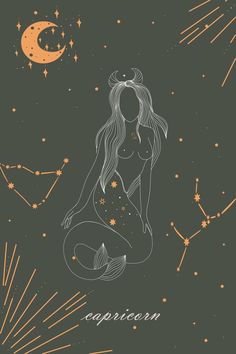 a drawing of a woman sitting on the ground with stars and moon in the background