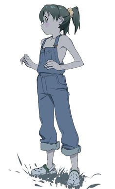 an anime character in overalls standing on the ground with her hands behind her back