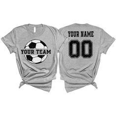 two shirts that say your name and soccer ball with the number 00 on them in black