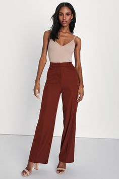 Rust Brown Pants - Trouser Pants - Wide-Leg Pants - Lulus Orange Bodysuit, Statement Pants, Brown Trousers, Brown Dress Pants, Orange Pants, Lulu Fashion, Professional Attire, Brown Pants, Interview Outfit