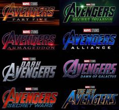 the avengers logo is shown in different colors