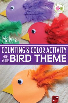 the cover of make a counting and color activity for your bird theme is shown in three different colors