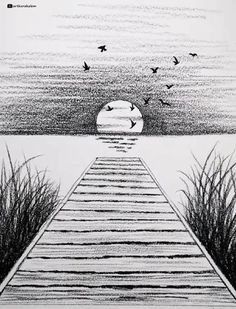 a pencil drawing of a pier leading to the ocean with birds flying over it at sunset