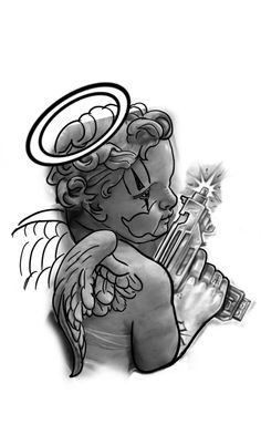 a drawing of an angel holding a bottle