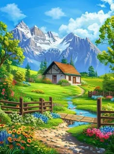 a painting of a house in the middle of a field with flowers and mountains behind it