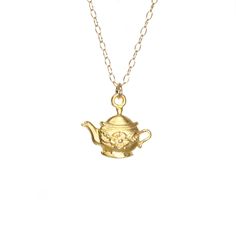 Teapot necklace, tea party necklace, fairytale jewelry, fantasy necklace, tea lovers gift, 14k gold filled chain  This little and dainty 14k gold vermeil tea pot hangs from a 14k gold filled chain in the length of your choice! The teapot measures 15mm x 10mm and is also available in sterling silver on a sterling silver chain. More from Bubu Ruby? https://www.etsy.com/shop/BubuRuby?ref=si_shop Looking for other charm necklaces? https://www.etsy.com/shop/BubuRuby?section_id=12318467 ♥ Handmade wit