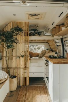 the interior of an rv with bamboo walls