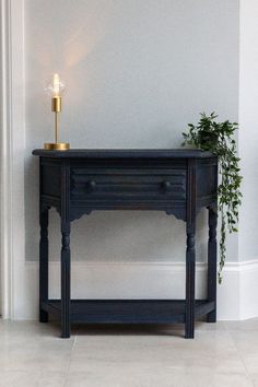 a black table with a potted plant next to it and a lamp on top