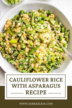 Big white bowl filled with cauliflower rice with asparagus. BRight green and a large spoon on the side. Rice And Asparagus Recipe, Best Cauliflower Rice, The Best Asparagus, Recipe With Asparagus, Best Asparagus, Cauliflower Rice Recipe, Best Asparagus Recipe, Asparagus Recipes