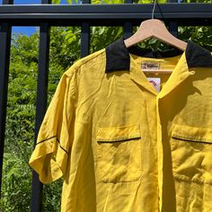 Amazing unique vintage bowling shirt with a screen printed Albert Lea Minnesota back graphic Size L  24" pit to pit 30" top to bottom Retro Short Sleeve Shirt With Camp Collar, Yellow Camp Shirt With Relaxed Fit And Camp Collar, Yellow Camp Shirt With Relaxed Fit, Vintage Yellow Shirt With Relaxed Fit, Vintage Yellow Relaxed Fit Shirt, Yellow Collared T-shirt For Summer, Retro Yellow Camp Shirt With Camp Collar, Vintage Yellow Camp Shirt For Summer, Retro Yellow Cotton Camp Shirt