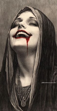 a drawing of a woman with blood on her face