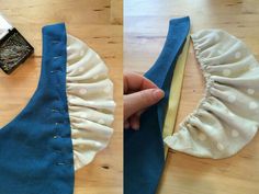 two pictures show how to sew a blue and white dress