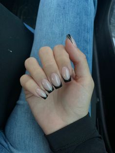 Nails With Black French Tips, Opi Bare My Soul, Square Shape Nails, Bare My Soul, Square Oval Nails, Nails With Black, Nail Extensions Acrylic, Black French Tip, Horror Nails