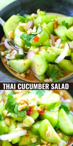 thai cucumber salad in a black bowl with the words thai cucumber salad