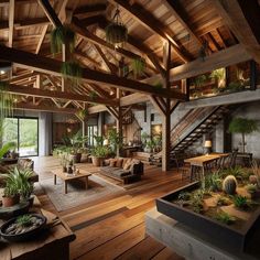 a living room filled with lots of furniture next to a wooden floor covered in plants