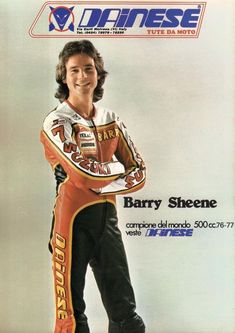 an advertisement for barry sheine's motorcycle racing team, featuring a smiling man in orange and white