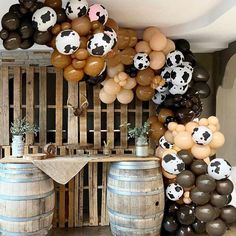 a bunch of balloons that are in the shape of cow's heads on some barrels