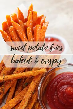 sweet potato fries baked and crispy with ketchup on the side for dipping