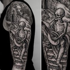 a man with a skeleton tattoo on his arm