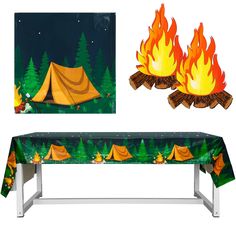 an image of a tent set up with campfires