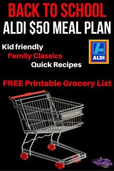 the back to school aid meal plan for kids is shown in red and black with a shopping