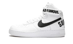 Supreme and Nike Sportswear dropped another one of their monumental collaborations in 2014, with three colorways of the Air Force 1 High including this version in white leather with black accents.  As you can expect, all three sold out instantly and have since become some of the most sought after Air Force 1s in years.  World Famous, indeed. Buy Nike Shoes, Air Force 1s, Nike Air Force 1 High, Air Force 1 High, White Running Shoes, Best Running Shoes, Stadium Goods, Latest Sneakers, New Sneakers