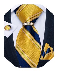 PRICES MAY VARY. 🎁【PURCHASE CONTAINS】Silk Yellow Blue Striped Tie+Woven Handkerchief+Cufflinks+Tie Ring+Gift Box.It's Proper gift for Christmas Day,Valentine's Day,Thanksgiving Day,Father's Day,Anniversary,birthday ect. 🎁【CLASSIC SIZE】Tie size:59x 3.15 inches(150cm x 8 cm), Pocket Square size: 9 x 9 inches(23*23cm),Cufflink Diameter:0.55 inches(1.4cm).Exquisite men's plain tie set for a variety of dress shirts and suit tuxedo. 🎁【MATERIAL and CRAFT】Necktie and pocket square are made from Silk. Cufflinks For Father's Day Gift, Father's Day Jewelry Gift With Ties, Elegant Gold Jewelry For Black Tie Event, Elegant Gold Jewelry For Black Tie, Gold Tie For Father's Day Gift, Elegant Silver Tie As A Gift, Gold Tie Gift For Father's Day, Elegant Yellow Tie For Formal Occasions, Elegant Yellow Ties For Formal Occasions