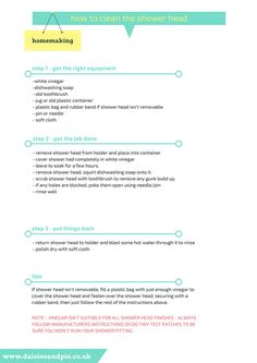 the back side of a white paper with green and yellow lines on it, which reads how to clean time shower head