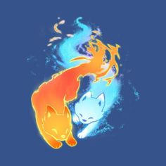 two cats that are sitting next to each other on a blue background with orange and yellow colors