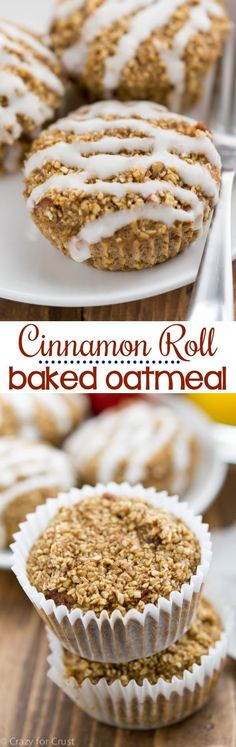 cinnamon roll baked oatmeal muffins with icing