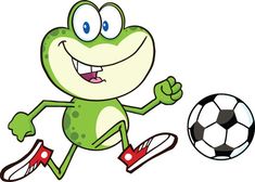 a cartoon frog kicking a soccer ball