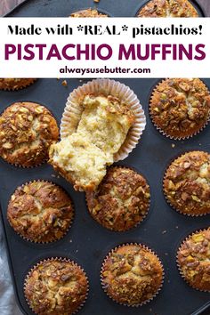 some muffins that are sitting on a pan with the words made with real pistachio muffins