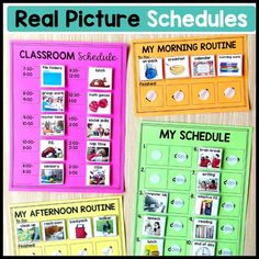 the real picture schedule for my morning routine is shown in three different colors and sizes