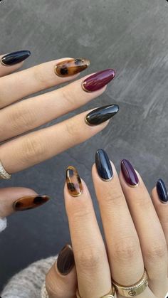 Dark Plum Nails Designs, French Manicure Long Nails, Jewel Tone Nails, Dark Nails, Fall Nail Art, Oval Nails, Autumn Nails