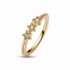 Aim for the moon and you'll land among the stars, as the famous saying goes. Capture the enchantment and wonder of the vast night sky with a delicate 14k gold-plated ring featuring sparkling clear stones in dreamy starry shapes. Wear as a reminder to keep the magic alive every day, or keep it as a special occasion piece to bring true star power to your style. Pandora Celestial, Stars Ring, Celestial Stars, Palladium Metal, Pandora Gold, Jewelry Lookbook, Star Ring, Girly Jewelry, Jewelry Inspo