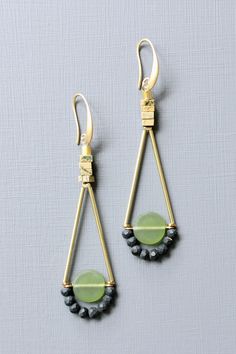 JLTE63 olivine glass geometric earrings – david aubrey Brass Hooks, Designer Handmade Jewellery, Brass Hook, Multi Strand Necklace, Geometric Earrings, Designer Jewelry, Designer Earrings, Wire Jewelry, Diy Jewelry