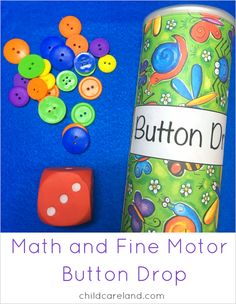 a can filled with buttons next to a dice and some other items on a blue background