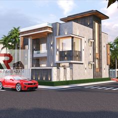 a red car is parked in front of a two - story building with palm trees