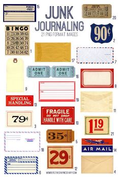 various mail envelopes and tags with the words junk journal