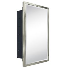 a large mirror mounted to the side of a metal wall mount medicine cabinet with an open door