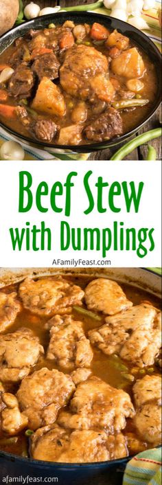 beef stew with dumplings in a cast iron skillet on a wooden table and green text overlay that reads beef stew with dumplings