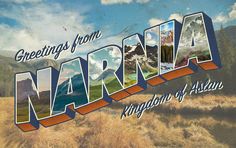 the words greetings from narnia written in orange, blue and white letters