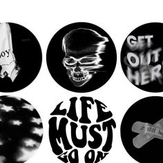 four circular stickers with different designs and words on them, all in black and white